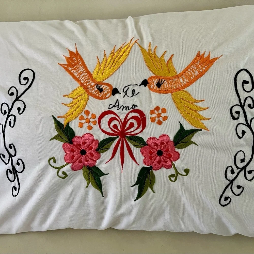 Embroidered White Pillowcase with Colorful Design 18/27 Inch